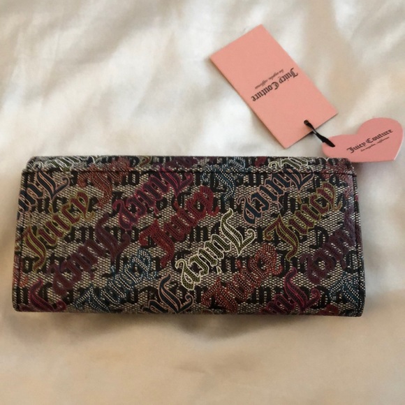 Juicy Couture Black Beige Multi Faux Leather Glam Elongated Flap Wallet NWT - Picture 7 of 13